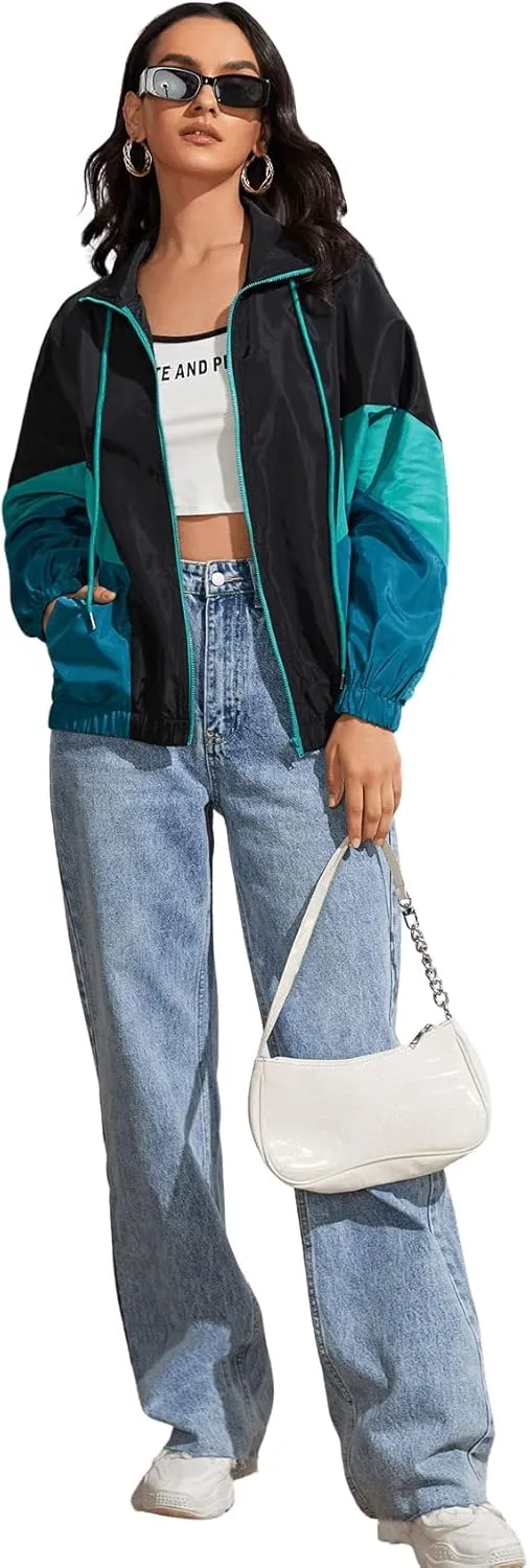 SweatyRocks Women's Lightweight Windbreaker Patchwork Zipper Sport Jacket Coat Outerwear