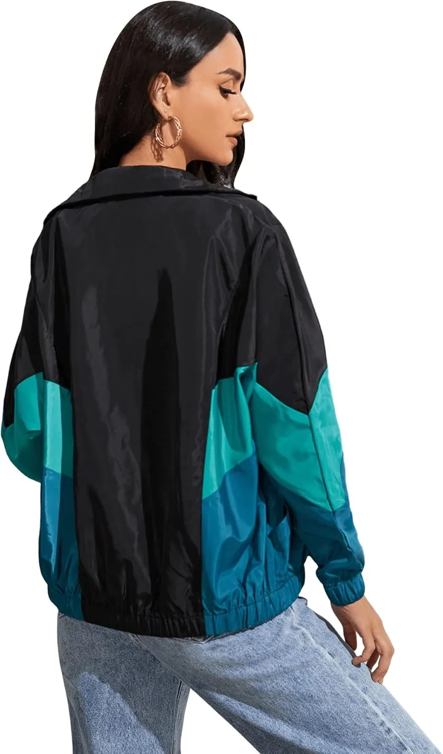 SweatyRocks Women's Lightweight Windbreaker Patchwork Zipper Sport Jacket Coat Outerwear