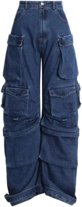 Wide Leg Jeans for Women Straight Tube Loose Hip Hop Cool Street Retro Fashion Zipper Cargo Pants with Pocket