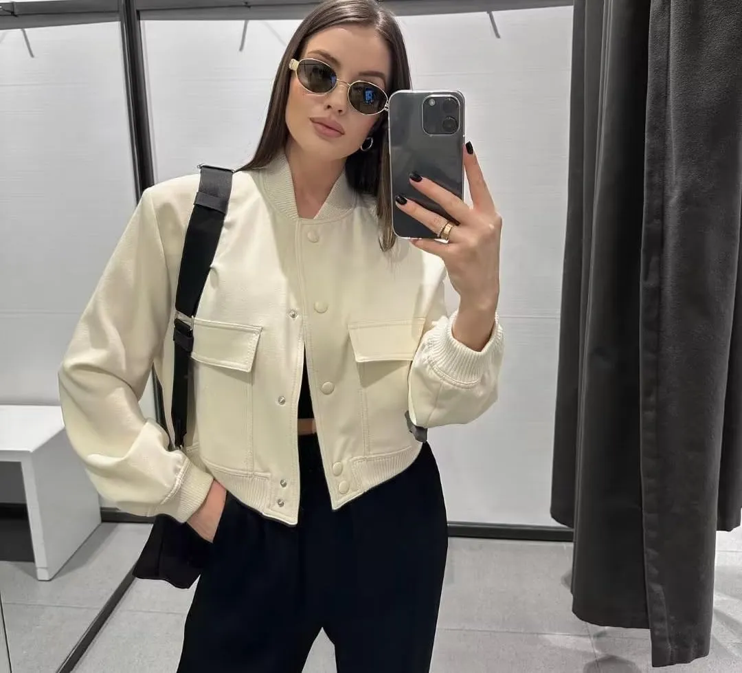 Women Cropped Bomber Jacket Aesthetic Coquette Button Down Varsity Jackets Preppy Grunge Cute Plain Sweatshirt Coats