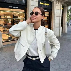 Women Cropped Bomber Jacket Aesthetic Coquette Button Down Varsity Jackets Preppy Grunge Cute Plain Sweatshirt Coats