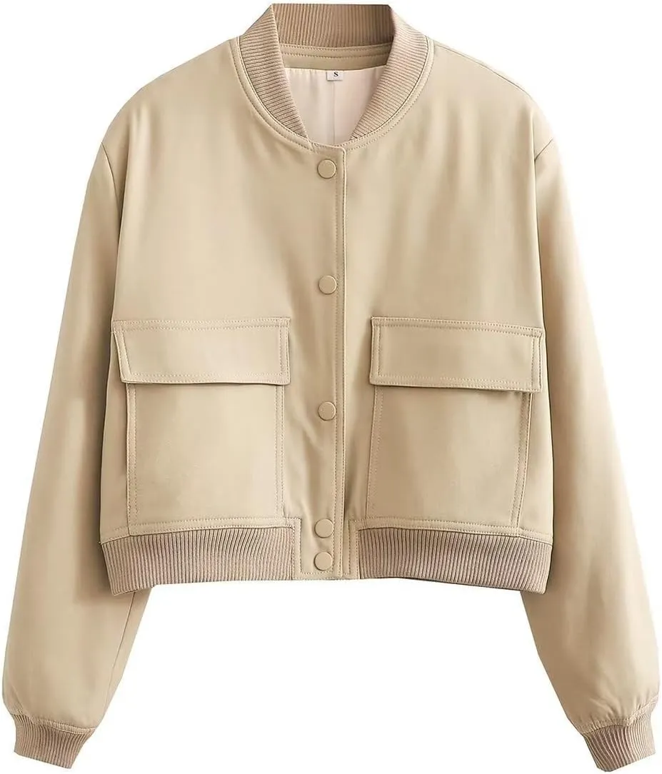 Women Cropped Bomber Jacket Aesthetic Coquette Button Down Varsity Jackets Preppy Grunge Cute Plain Sweatshirt Coats