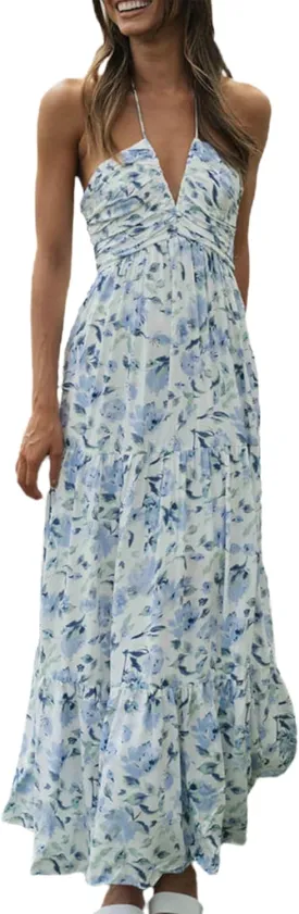 Women Summer Maxi Dress Casual Floral Halter Neck Beach Hawaiian Outfits Casual Loose Boho Sundress