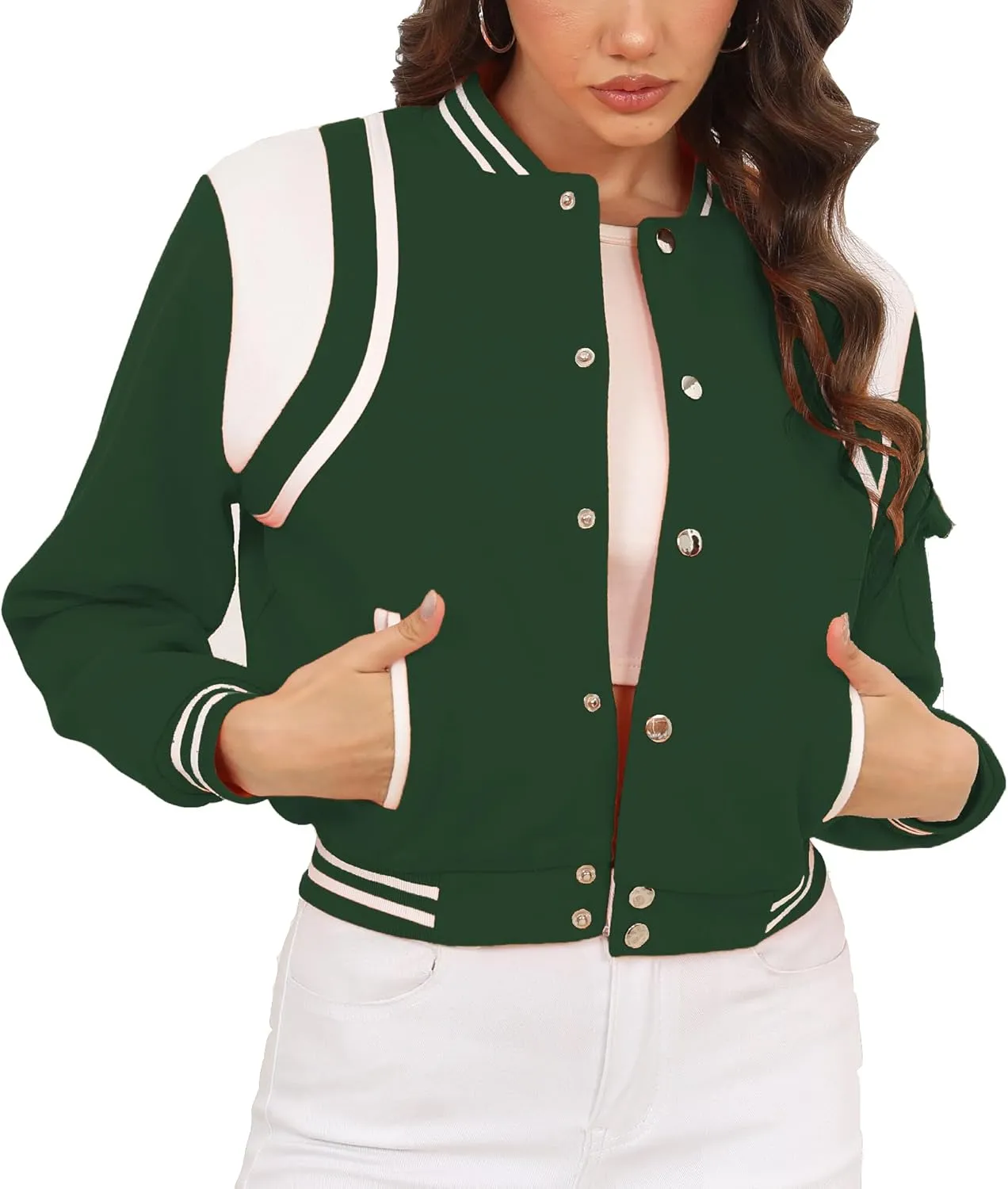 Womens Cropped Bomber Jacket Long Sleeve Button Down Baseball Varsity Fall Outerwear