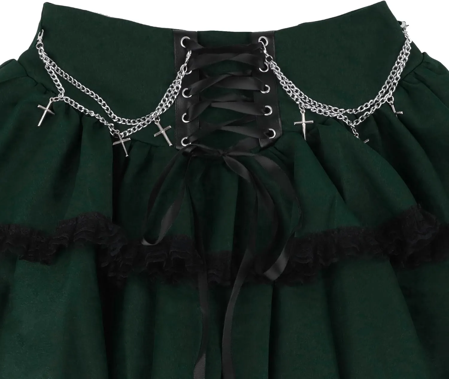 Womens Mini Gothic Skirt Tie Waist Lace Up Double Layered Ruffles Y2k Punk Emo Skirt with Chain