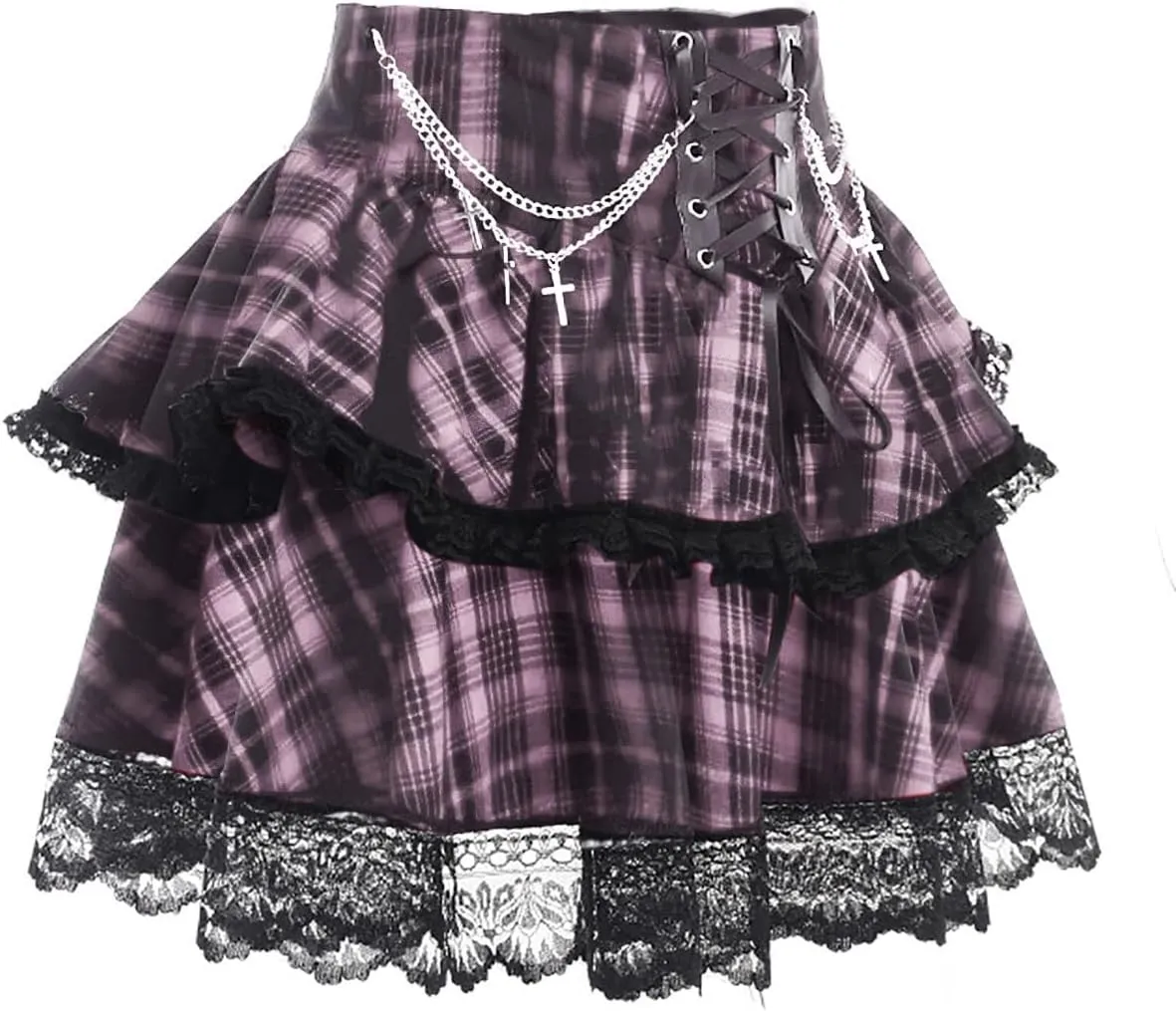 Womens Mini Gothic Skirt Tie Waist Lace Up Double Layered Ruffles Y2k Punk Emo Skirt with Chain