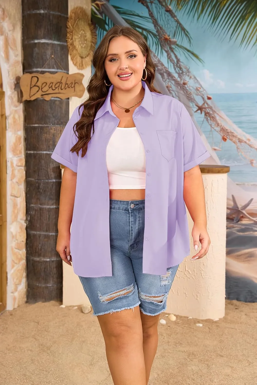 Womens Plus Size Tops Button Down Shirts Cuffed Short Sleeve Casual Tunic Collared Summer Casual Blouse XL - 5XL