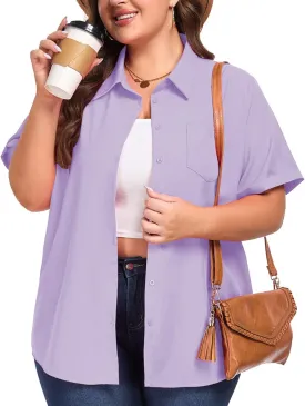 Womens Plus Size Tops Button Down Shirts Cuffed Short Sleeve Casual Tunic Collared Summer Casual Blouse XL - 5XL