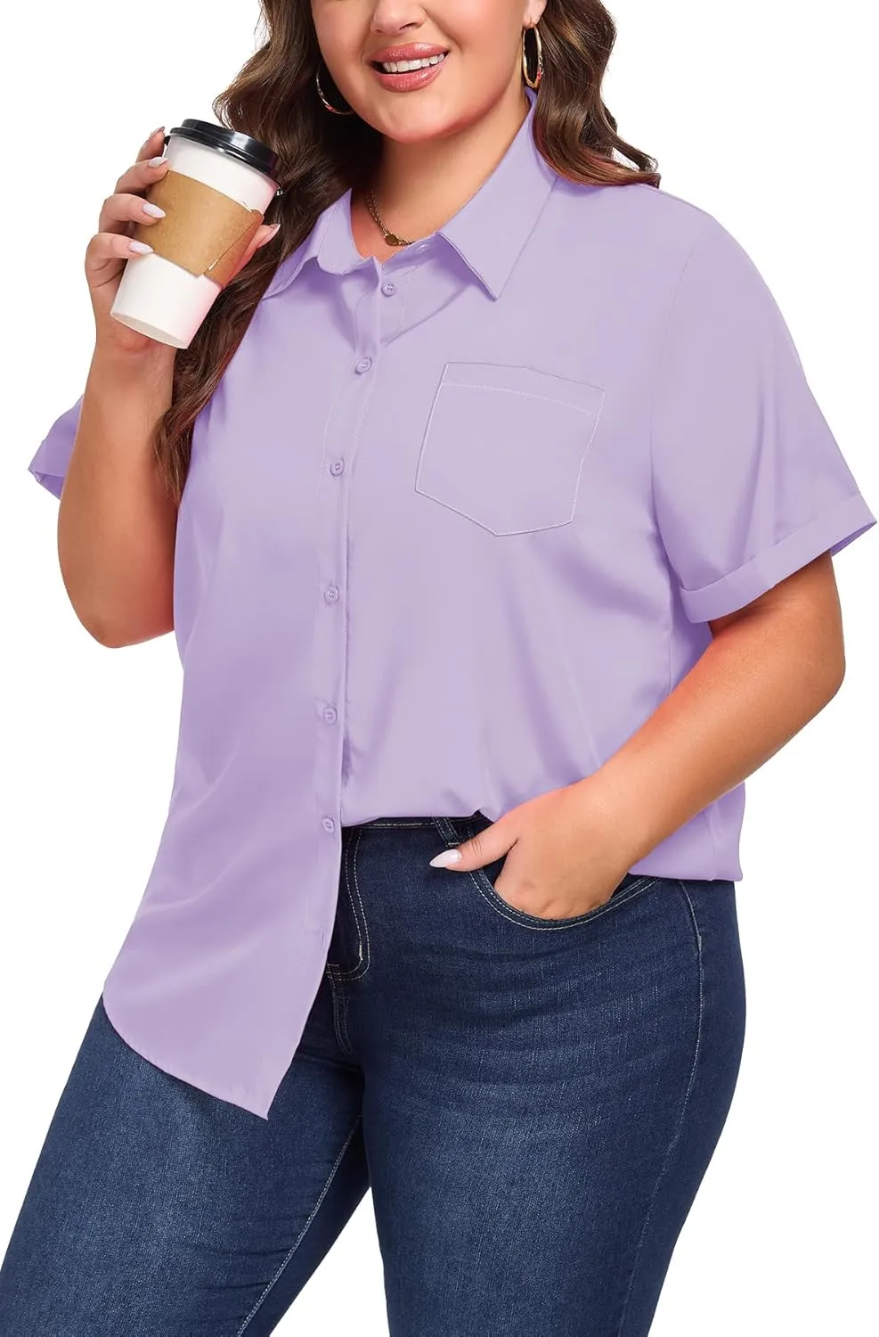Womens Plus Size Tops Button Down Shirts Cuffed Short Sleeve Casual Tunic Collared Summer Casual Blouse XL - 5XL
