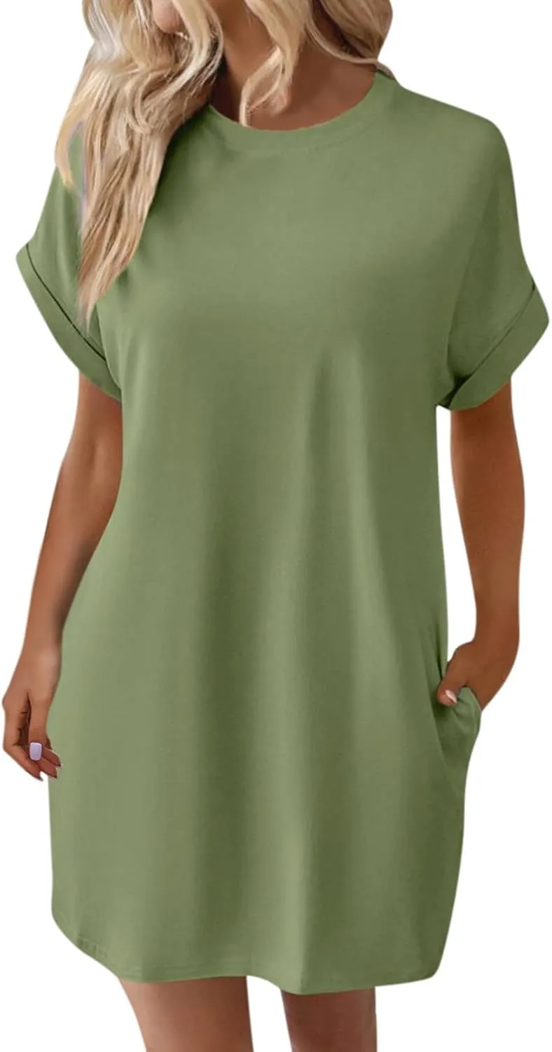 Women's Summer Dresses Casual Crewneck Short Sleeve T-Shirt Dress 2025 Beach Vacation Mini Sundress with Pockets