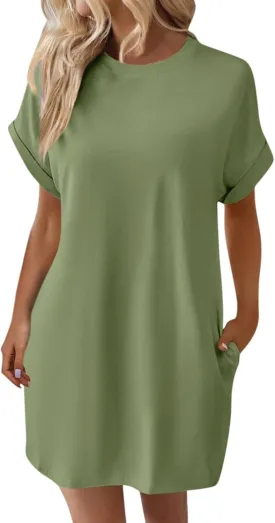 Women's Summer Dresses Casual Crewneck Short Sleeve T-Shirt Dress 2025 Beach Vacation Mini Sundress with Pockets