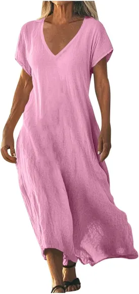 Womens Summer V Neck Solid Color Linen Loose Fit Sundress Fashion Short Sleeve Flowy Vacation Beach Maxi Dress