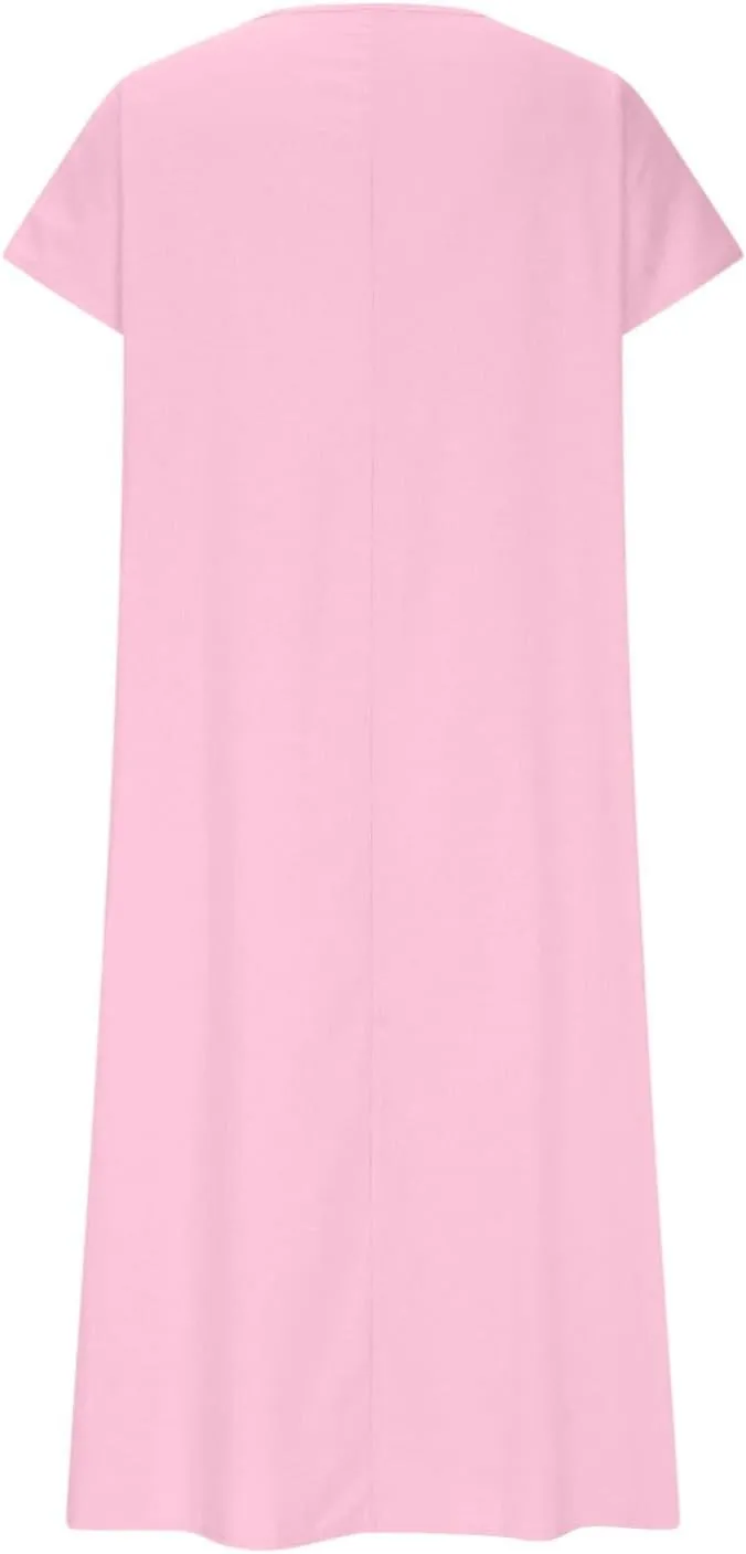 Womens Summer V Neck Solid Color Linen Loose Fit Sundress Fashion Short Sleeve Flowy Vacation Beach Maxi Dress