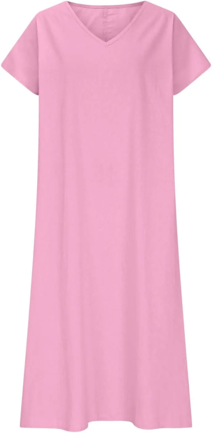Womens Summer V Neck Solid Color Linen Loose Fit Sundress Fashion Short Sleeve Flowy Vacation Beach Maxi Dress