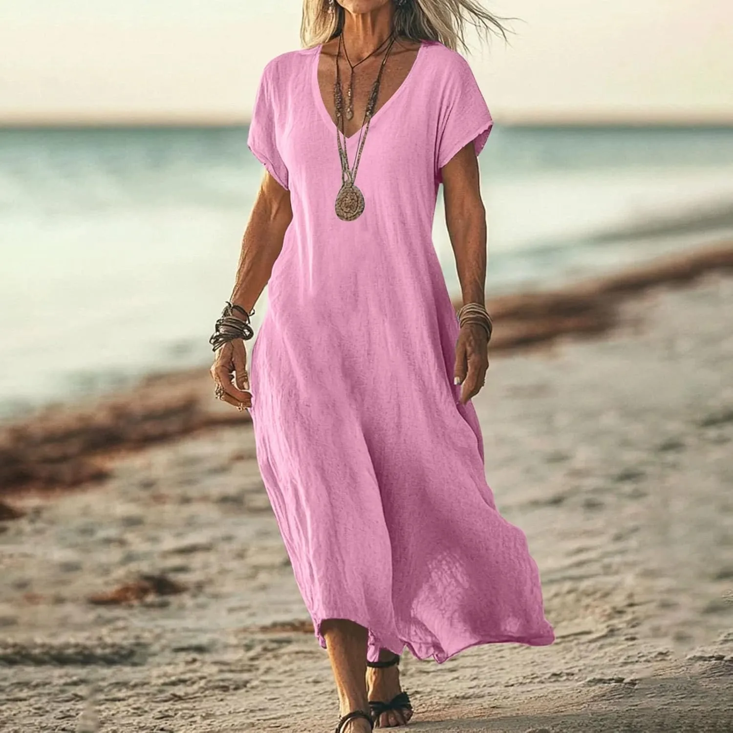 Womens Summer V Neck Solid Color Linen Loose Fit Sundress Fashion Short Sleeve Flowy Vacation Beach Maxi Dress