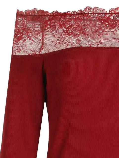 Wonderful Shoulder Lace Panel Ribbed Knitwear