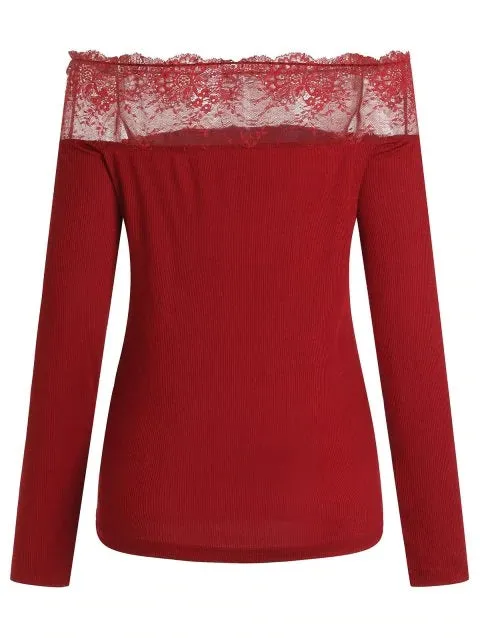 Wonderful Shoulder Lace Panel Ribbed Knitwear