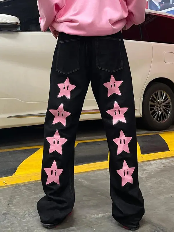 Y2K Fashion Trend Pink Star Print Vintage High Streetwear Straight Fit Baggy Black Denim Jeans