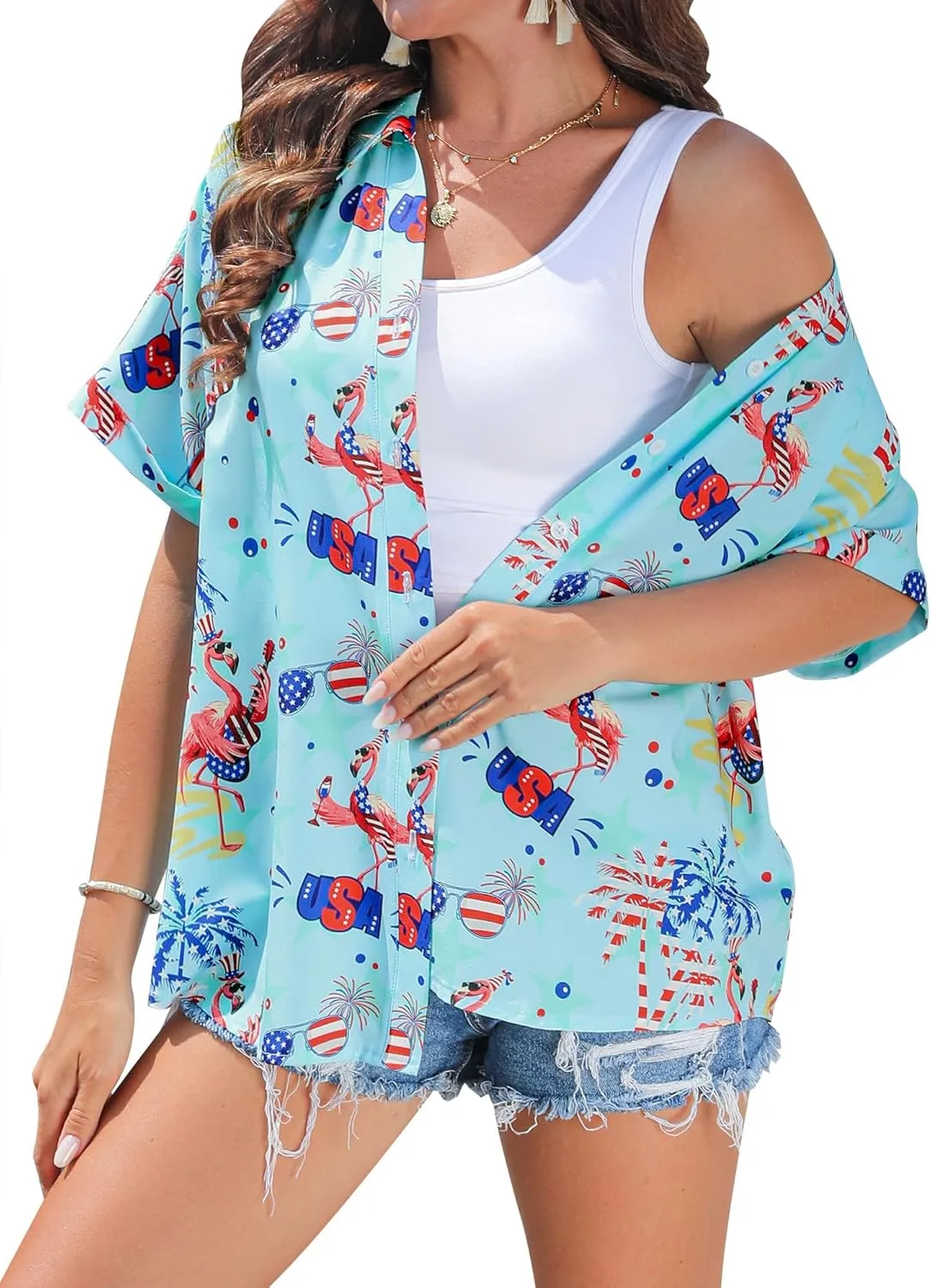 ZXZY Mama Shirt Hawaiian Short Sleeve Blouses Fourth of July Shirts for Women Vneck Tshirts Tops