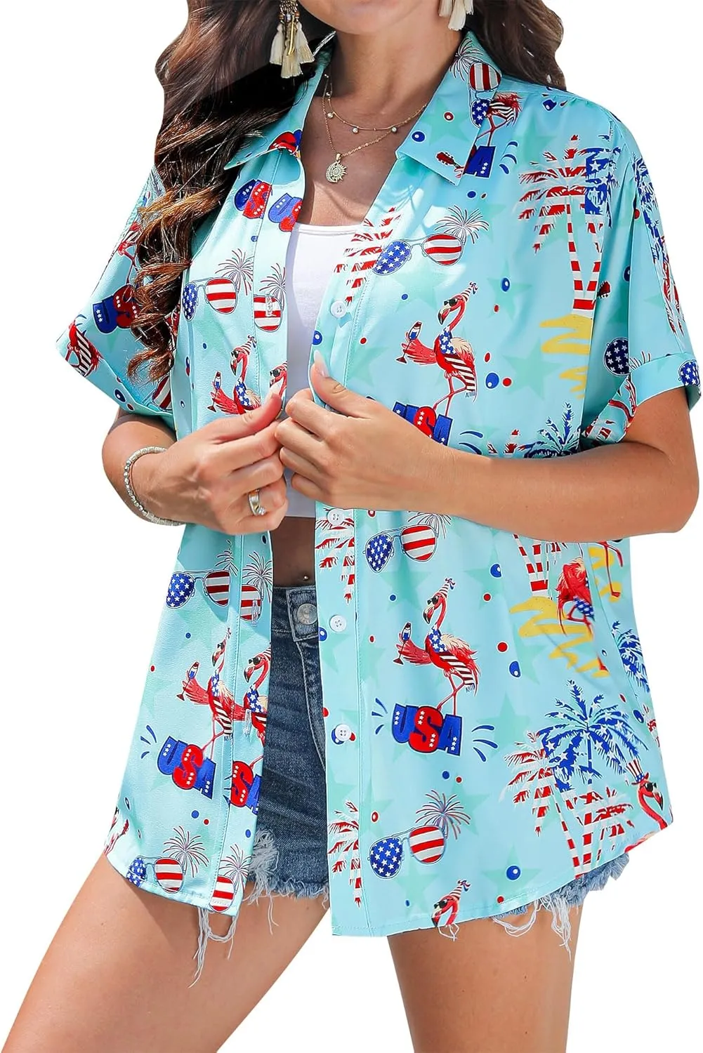 ZXZY Mama Shirt Hawaiian Short Sleeve Blouses Fourth of July Shirts for Women Vneck Tshirts Tops