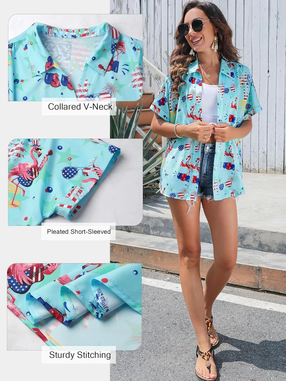 ZXZY Mama Shirt Hawaiian Short Sleeve Blouses Fourth of July Shirts for Women Vneck Tshirts Tops